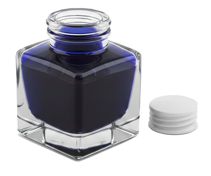 Quadratisches Glasfläschchen mit dunkelblauer Tinte und weißem Schraubverschluss daneben.