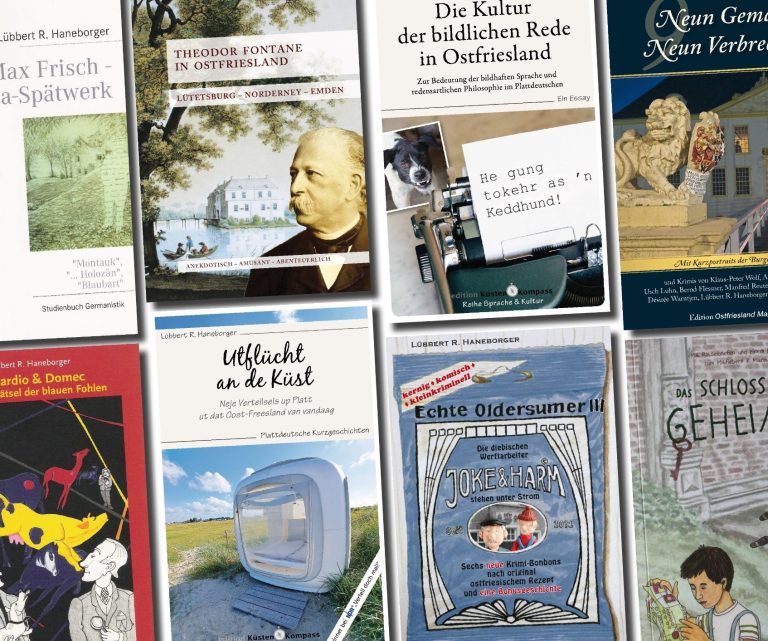Cover von Sach- und Kinderbüchern und Regionalkrimis von Lübbert R. Haneborger mit verschiedenen Illustrationen und Schriftzügen.