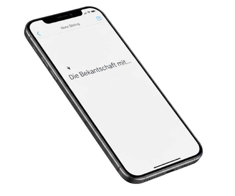 Smartphone mit geöffnetem Schreibprogramm und dem Text 'Die Bekanntschaft mit...' auf dem Bildschirm.