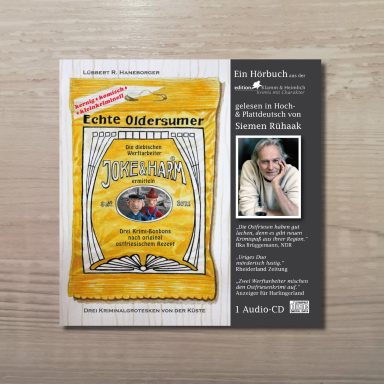 Cover eines Hörbuchs mit dem Titel 'Echte Oldersumer' mit einer Illustration eines Buches und einem Foto von Siemen Rühaak daneben.