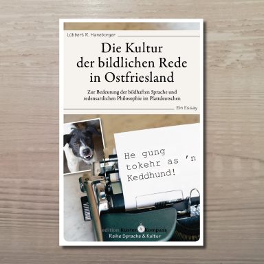 Buchcover mit Titel 'Die Kultur der bildlichen Rede in Ostfriesland', darunter ein Foto einer Schreibmaschine mit einem Blatt Papier. 
