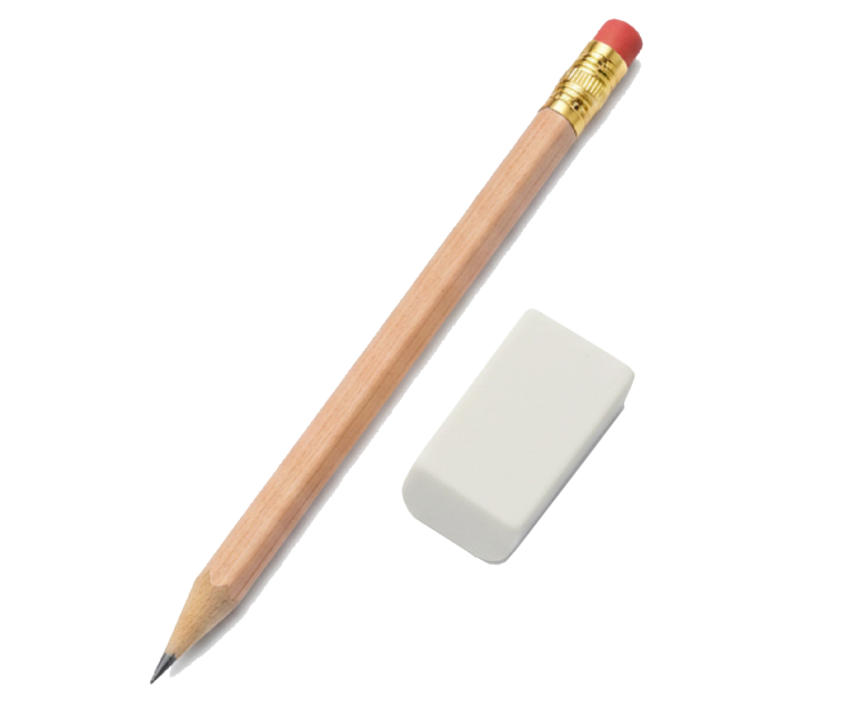 Bleistift mit rotem Radiergummi am Ende und weißer rechteckiger Radiergummi nebeneinander auf dunklem Hintergrund.