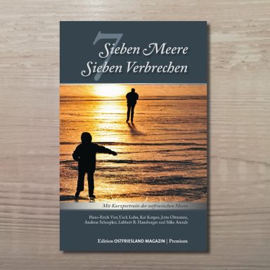 Buchcover 'Sieben Meere, Sieben Verbrechen' zeigt zwei Personen, die auf einem spiegelnden Eisfeld in Richtung Sonnenuntergang gehen.